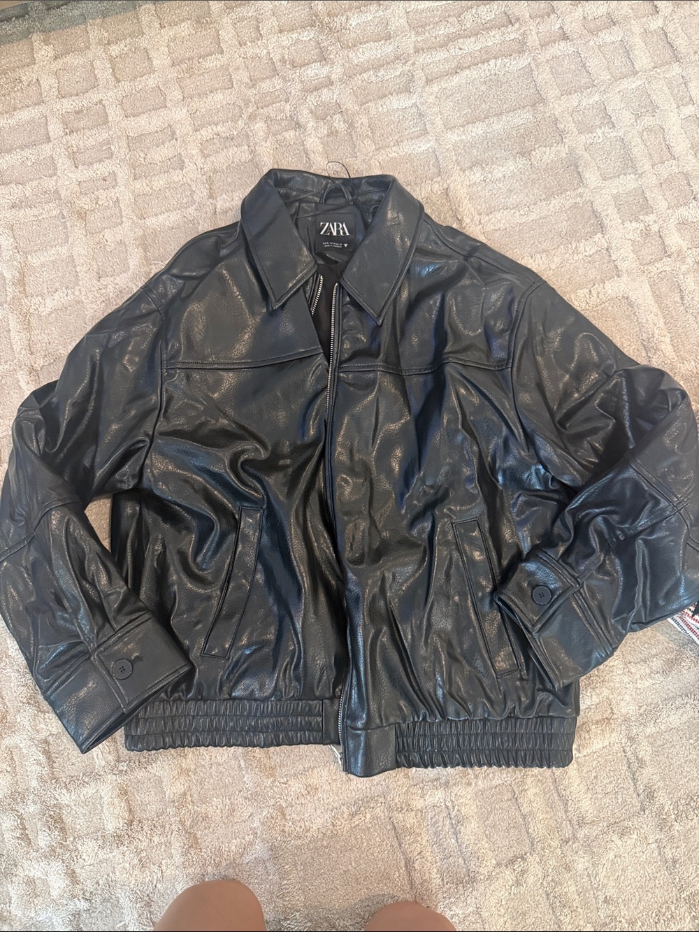 Zara Black Faux Leather Jacket with Elastic Hem